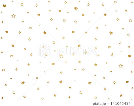 ゴールドの手描き星とハートと三日月の可愛いパターン総柄背景透過素材 ゴールドの手描き星とハートと三日月の可愛いパターン総柄背景透過素材 141045454