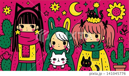 A vibrant illustration of three girls surrounded by whimsical desert elements and playful animal companions. A vibrant illustration of three girls surrounded by whimsical desert elements and playful animal companions. 141045776