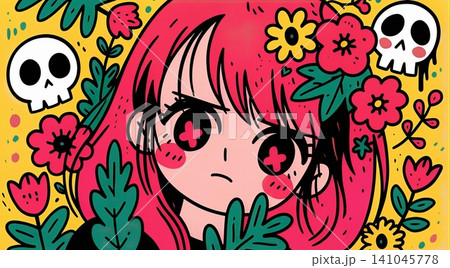 A vibrant illustration of a girl surrounded by whimsical, gothic-inspired flora. 141045778