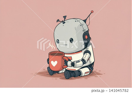 A charming illustration of a seated robot enjoying a warm beverage. 141045782