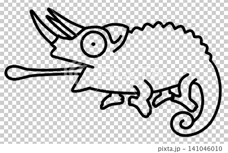 A cute line drawing illustration of a Jackson's chameleon with its tongue sticking out. 141046010