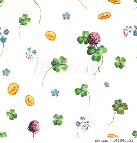 Seamless pattern with gold coins, green clovers, red clover flowers and blue forget-me-nots hand drawing watercolor. A botanical element for St. Patrick's Day fabric, wrapping paper, or wallpaper. Seamless pattern with gold coins, green clovers, red clover flowers and blue forget-me-nots hand drawing watercolor. A botanical element for St. Patrick's Day fabric, wrapping paper, or wallpaper. 141046152