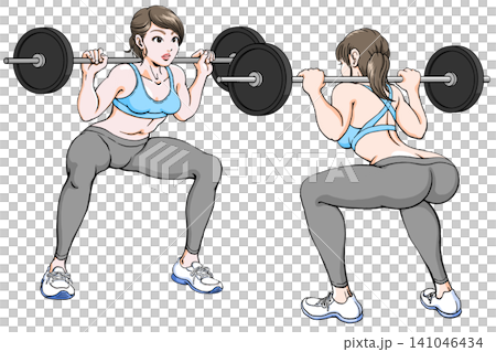 スクワットする若い女性_鏡_前向き後ろ向き_バーベル スクワットする若い女性_鏡_前向き後ろ向き_バーベル 141046434