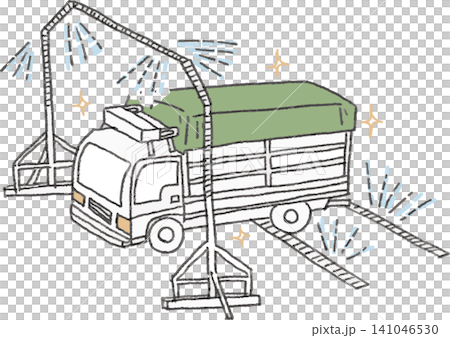 An illustration showing disinfectant being sprayed onto trucks from a vehicle disinfection device (gate) at the entrance of a livestock farm (disease prevention measures/biosec). An illustration showing disinfectant being sprayed onto trucks from a vehicle disinfection device (gate) at the entrance of a livestock farm (disease prevention measures/biosec). 141046530