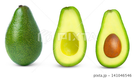 Fresh whole avocado, half and sliced avocado isolated, front or top view. 141046546