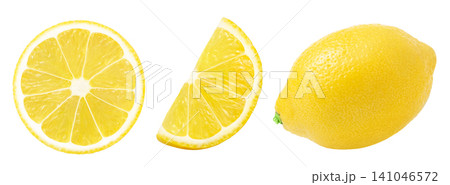 Slice and half of lemon isolated on a white background, Fresh and Juicy lemons collection, set, with clipping path. No shadow. Slice and half of lemon isolated on a white background, Fresh and Juicy lemons collection, set, with clipping path. No shadow. 141046572