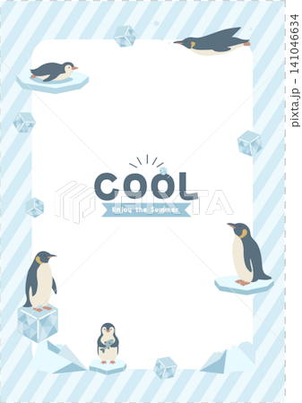 ペンギンの夏バナーイラスト　夏素材　夏フレーム　背景　フラットデザイン　コピースペース付きイラスト　 141046634
