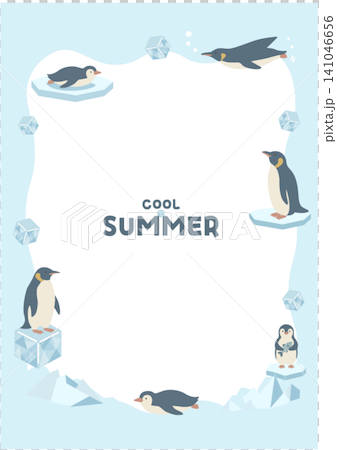 ペンギンの夏バナーイラスト　夏素材　夏フレーム　背景　フラットデザイン　コピースペース付きイラスト　 141046656