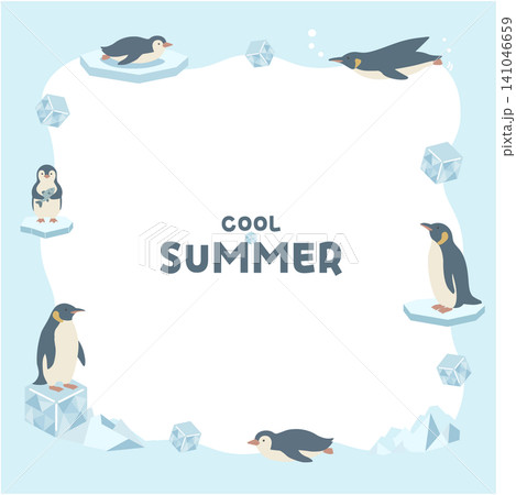ペンギンの夏バナーイラスト　夏素材　夏フレーム　背景　フラットデザイン　コピースペース付きイラスト　 141046659