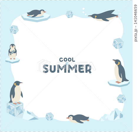ペンギンの夏バナーイラスト　夏素材　夏フレーム　背景　フラットデザイン　コピースペース付きイラスト　 141046659