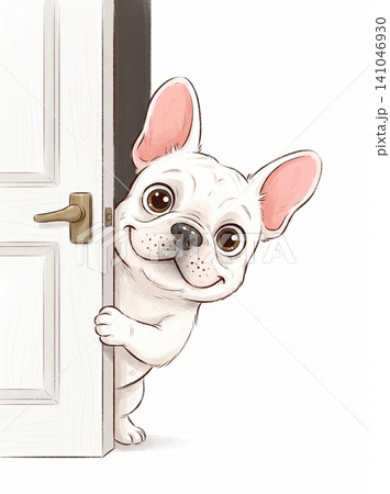 Cute white french bulldog puppy peeking through a half open doorway in a charming digital illustration for playful home decor with peeking curiously 141046930