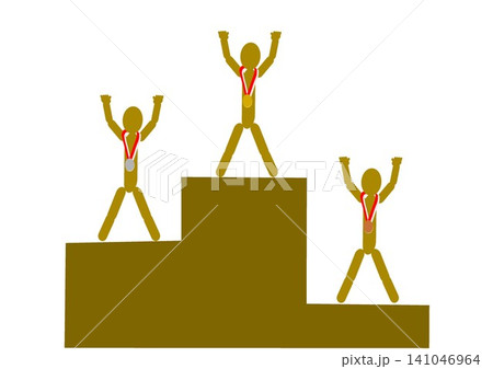 Three stick figures standing on winners podium with medals isolated on white background. Three stick figures standing on winners podium with medals isolated on white background. 141046964
