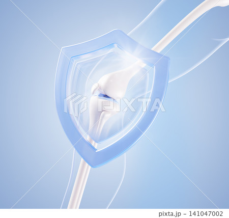 3d knee joint anatomy model with transparent blue shield icon. Bone and cartilage health, medical protection concept. Orthopedic surgery, healthcare, vitamin joint support supplement. 3D illustration 141047002
