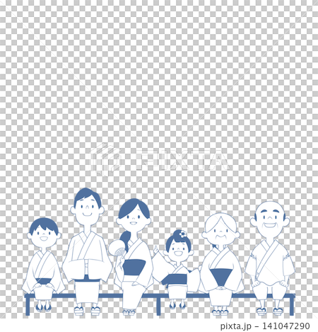 一幅插圖，描繪了一家人身穿浴衣在夏季祭典上欣賞煙火的情景。 141047290