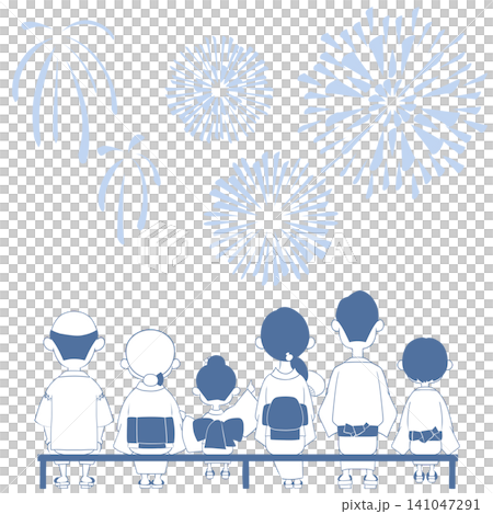 An illustration of a family in yukata enjoying a fireworks display at a summer festival. An illustration of a family in yukata enjoying a fireworks display at a summer festival. 141047291