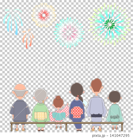 An illustration of a family in yukata enjoying a fireworks display at a summer festival. An illustration of a family in yukata enjoying a fireworks display at a summer festival. 141047295