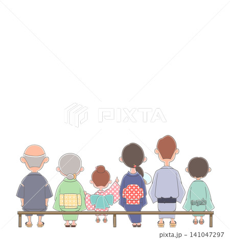 浴衣姿の家族が花火大会を楽しむ夏祭りのイラスト 141047297