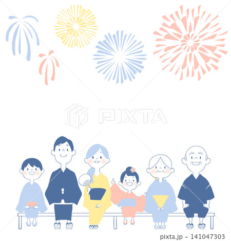 浴衣姿の家族が花火大会を楽しむ夏祭りのイラスト 141047303