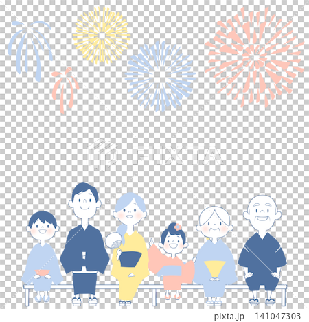 浴衣姿の家族が花火大会を楽しむ夏祭りのイラスト 141047303