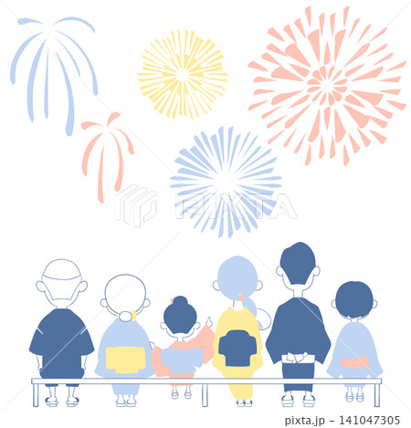 浴衣姿の家族が花火大会を楽しむ夏祭りのイラスト 141047305