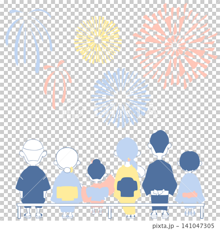 浴衣姿の家族が花火大会を楽しむ夏祭りのイラスト 141047305