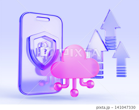 Cloud storage service concept. Hologram glass 3D smartphone with security shield and padlock on screen render. Backup phone, file sharing, data transfer, secure access in mobile app. 3D illustration Cloud storage service concept. Hologram glass 3D smartphone with security shield and padlock on screen render. Backup phone, file sharing, data transfer, secure access in mobile app. 3D illustration 141047330
