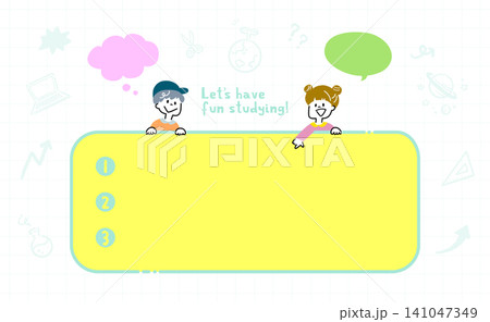 勉強して話し合う子供達がメッセージボードを指差しているイラスト　学習のアイコンセット 141047349