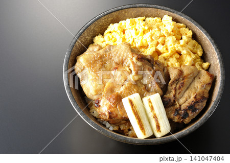 炒り卵と焼き長葱と炭火焼きチキン丼を黒背景で撮影 炒り卵と焼き長葱と炭火焼きチキン丼を黒背景で撮影 141047404