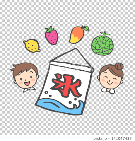A shaved ice shop curtain, children, and fruit illustrations. A shaved ice shop curtain, children, and fruit illustrations. 141047437