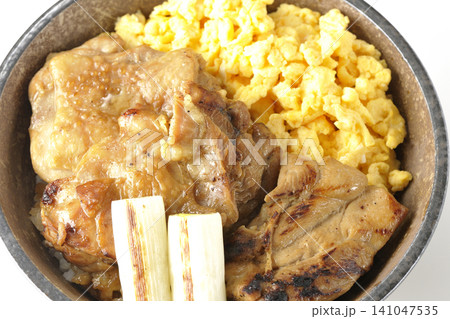 炒り卵と焼き長葱と炭火焼きチキン丼を白背景で撮影 炒り卵と焼き長葱と炭火焼きチキン丼を白背景で撮影 141047535