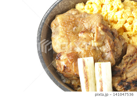 炒り卵と焼き長葱と炭火焼きチキン丼を白背景で撮影 炒り卵と焼き長葱と炭火焼きチキン丼を白背景で撮影 141047536