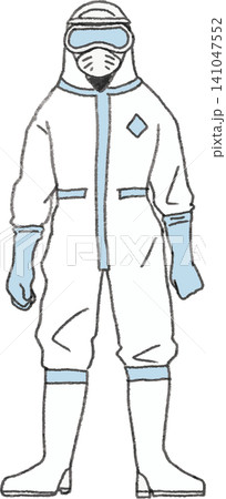 畜産農場で防疫対策の防護服(つなぎ服)を着用した作業員のイラスト(バイオセキュリティ・衛生管理・豚熱 畜産農場で防疫対策の防護服(つなぎ服)を着用した作業員のイラスト(バイオセキュリティ・衛生管理・豚熱 141047552