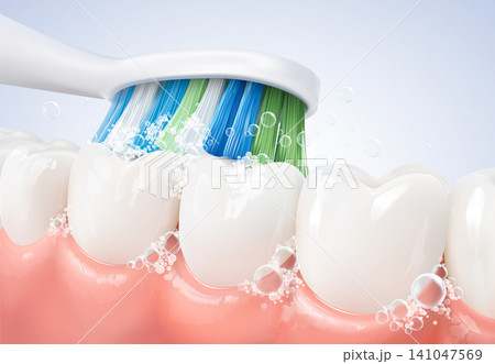 Close up 3D vector illustration of a toothbrush cleaning white teeth and gums with toothpaste foam and bubbles. Concept for dental hygiene and oral healthcare. Realistic EPS file. 141047569