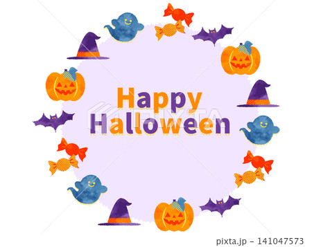 ハロウィンのモチーフの紫色円形フレームイラスト 141047573