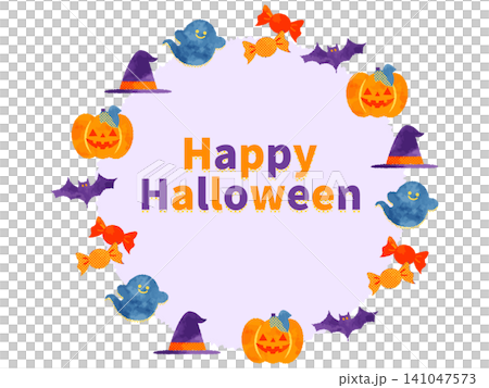 ハロウィンのモチーフの紫色円形フレームイラスト 141047573