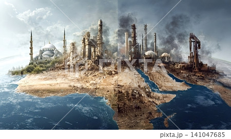 Planet facing industrial pollution and climate change impact Planet facing industrial pollution and climate change impact 141047685