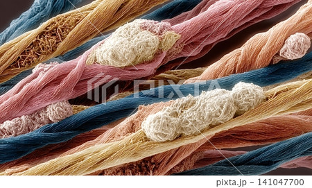 Microscopic view of colorful twisted fibers with abstract textures Microscopic view of colorful twisted fibers with abstract textures 141047700