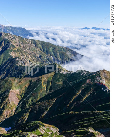 北アルプス・五竜岳から唐松岳へと続く稜線と広大な雲海の風景(縦構図) 北アルプス・五竜岳から唐松岳へと続く稜線と広大な雲海の風景(縦構図) 141047732