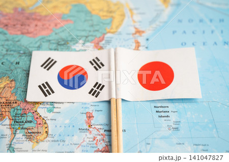 Bangkok, Thailand December 7, 2023, South Korea and Japan flag on world map. 141047827