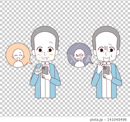 スマートフォンでやりとりをする高齢男性のイラスト2種類セット スマートフォンでやりとりをする高齢男性のイラスト2種類セット 141048496