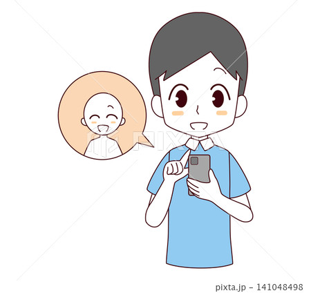スマートフォンで交流を楽しむ男性のイラスト スマートフォンで交流を楽しむ男性のイラスト 141048498