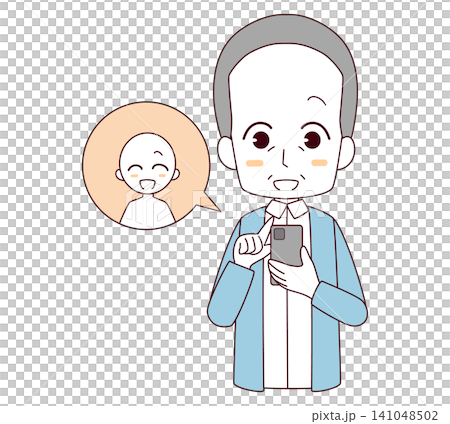 スマートフォンで交流を楽しむ高齢男性のイラスト スマートフォンで交流を楽しむ高齢男性のイラスト 141048502