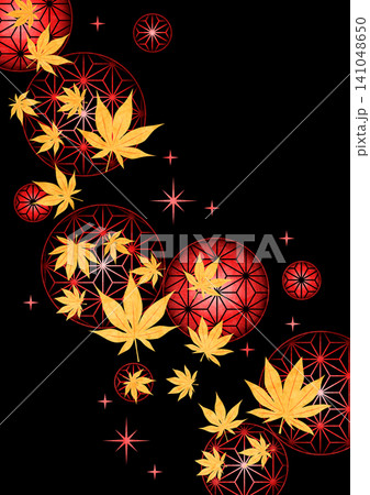 赤の和柄玉と紅葉の和風背景、秋、イラスト、かわいい、キラキラ、縦 赤の和柄玉と紅葉の和風背景、秋、イラスト、かわいい、キラキラ、縦 141048650