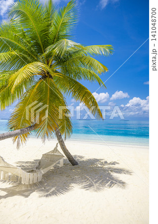 Serene tropical beach, lone palm tree, hanging hammock, crystal turquoise sea. Vertical paradise island, dreamy summer getaway. Relaxing honeymoon vacation wallpaper, peaceful coastal escape Serene tropical beach, lone palm tree, hanging hammock, crystal turquoise sea. Vertical paradise island, dreamy summer getaway. Relaxing honeymoon vacation wallpaper, peaceful coastal escape 141048700