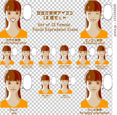 一組12個女性臉部表情圖示(適用於部落格、社群媒體和網頁) 一組12個女性臉部表情圖示(適用於部落格、社群媒體和網頁) 141048806