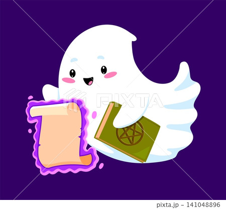Cute kawaii Halloween ghost holding magic book and glowing scroll. Funny cartoon character with happy face expression. Vector Halloween personage with pink cheeks for child party 141048896