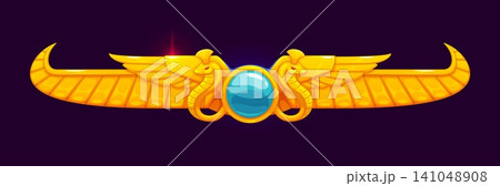 Egyptian game golden frame or border and Ancient Egypt divider or separator. Cartoon pharaoh decoration of snakes and golden wings with gemstone jewel for Egypt treasure or adventure game element Egyptian game golden frame or border and Ancient Egypt divider or separator. Cartoon pharaoh decoration of snakes and golden wings with gemstone jewel for Egypt treasure or adventure game element 141048908