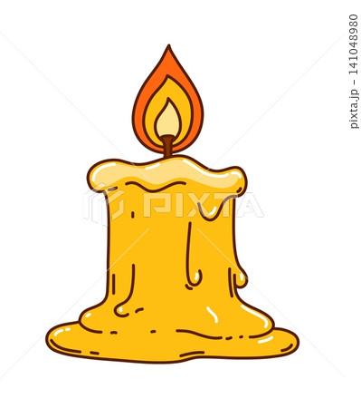Groovy Halloween candle melting with spooky flame and warm glowing fire. Yellow psychedelic candlelight for magic Halloween party. Vector funny hippie night light for romantic vibe 141048980