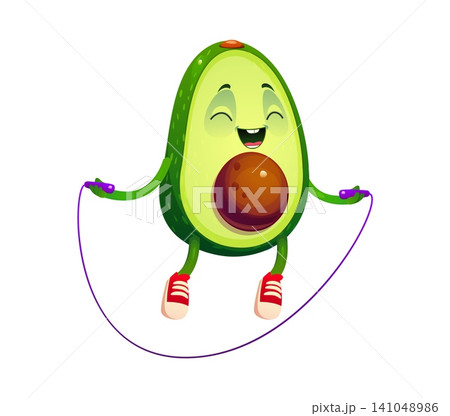Avocado jumping with skipping rope, Mexican cartoon character on fitness. Cartoon avocado half emoji character with happy funny smile or laughing with cute kawaii face on sport or outdoor training Avocado jumping with skipping rope, Mexican cartoon character on fitness. Cartoon avocado half emoji character with happy funny smile or laughing with cute kawaii face on sport or outdoor training 141048986