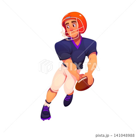American football player cartoon character with ball and in sport game outfit. American football team player receiver, quarterback or tackle guard in uniform catching goal in European football sport American football player cartoon character with ball and in sport game outfit. American football team player receiver, quarterback or tackle guard in uniform catching goal in European football sport 141048988